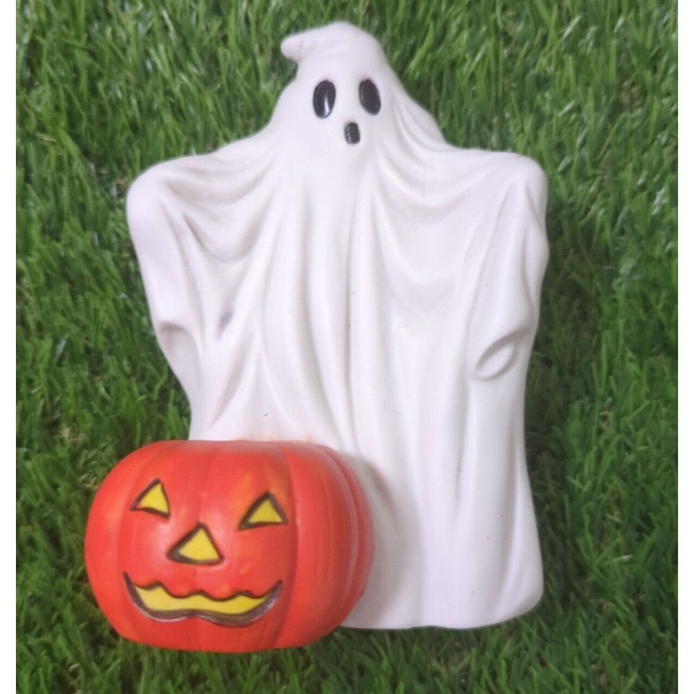 Vintage Ceramic White Ghost Candle Holder‎ Pumpkin Jack O Lantern Halloween 1989